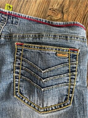 *READ Y2K Dollhouse Button-Fly Bandless Waist Jeans Juniors 7/8 Blue Red Stitch
